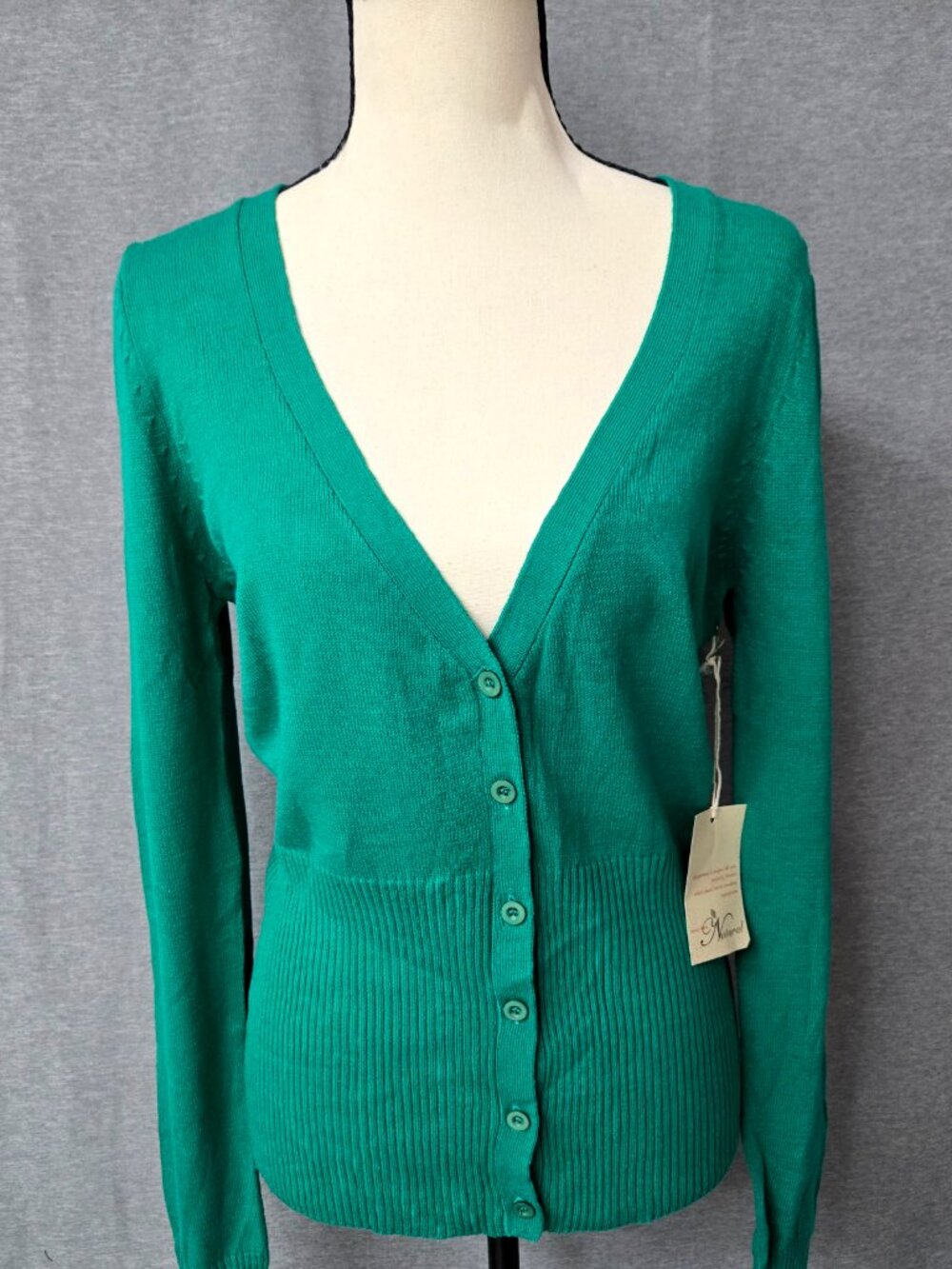 NWT Active Basic Green V Neck Cardigan Sweater L Ribbed Button Front Knit